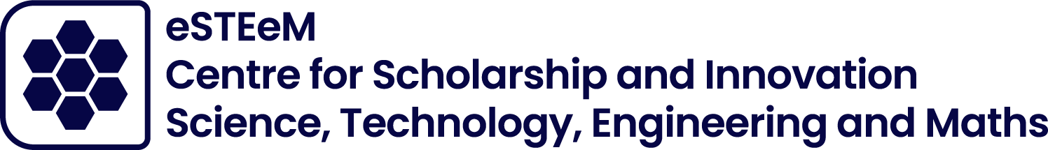 eSTEeM logo, a white hexagon, surrounded by six white hexagons, all in a blue circle 